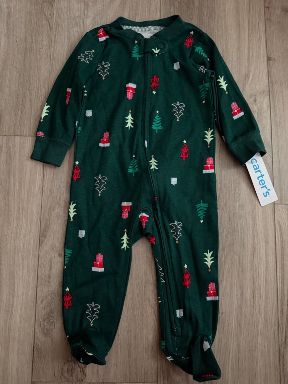 Carter's Green Holiday Tree & Gift Print Footed One-Piece